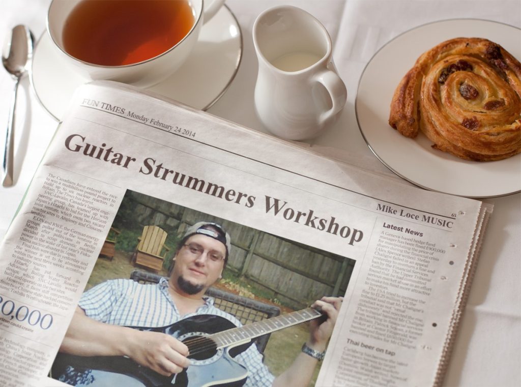 Mike Loce in a newspaper on a table with breakfast items