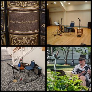 Photo collage of a book with Micro-Koncerts on the spine, two pics of a concert setup, and Mike Loce at an outdoor concert